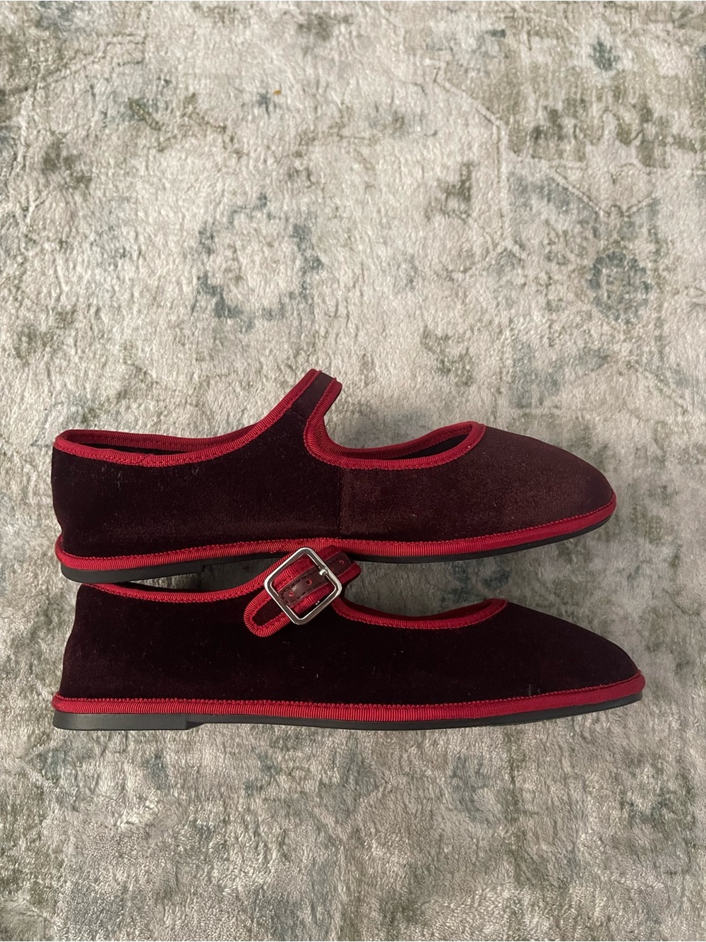 Velvet Mary Jane Flats with Red Trim
